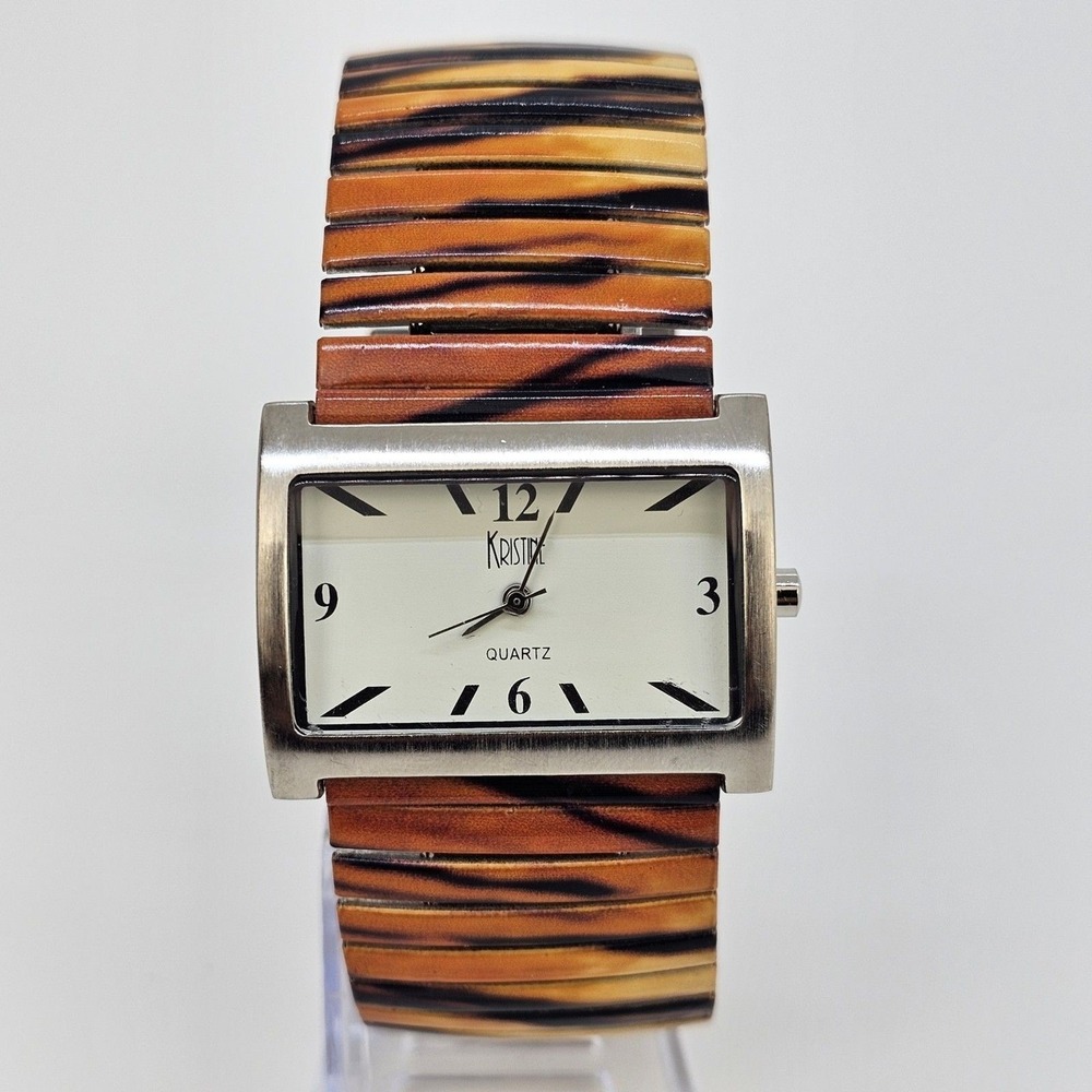 Kristine Women's Watch 36MM White‎ Dial Animal Print Stretch Band 6" New Battery